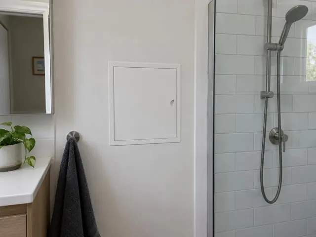Bathroom wall with a small access panel beside a tiled shower and vanity in Waverley