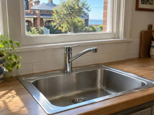 Chrome kitchen sink tap above a stainless sink and timber bench by a window in Clovelly
